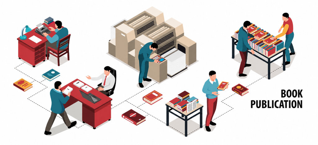 Scholarly and book publishing end-to-end editorial and production workflow illustration